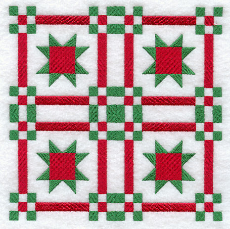 Red and green star motifs with intersecting lines on white, shown as a digitally downloadable machine embroidery design.