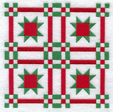 Red and green embroidered stars and square grid pattern on white fabric, digitally downloadable machine embroidery design.