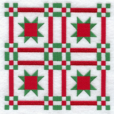 Red and green embroidered stars and square grid pattern on white fabric, digitally downloadable machine embroidery design.