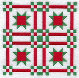 Red and green embroidered stars and squares on white fabric, shown as a digitally downloadable machine embroidery design.