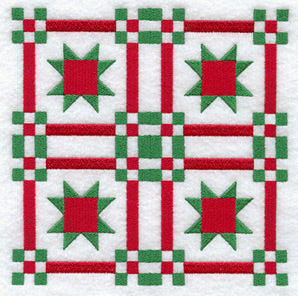 Red and green embroidered stars and squares on white fabric, shown as a digitally downloadable machine embroidery design.