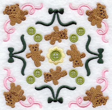 Heirloom Teddy Bears and Ribbons Quilt Block - Lg