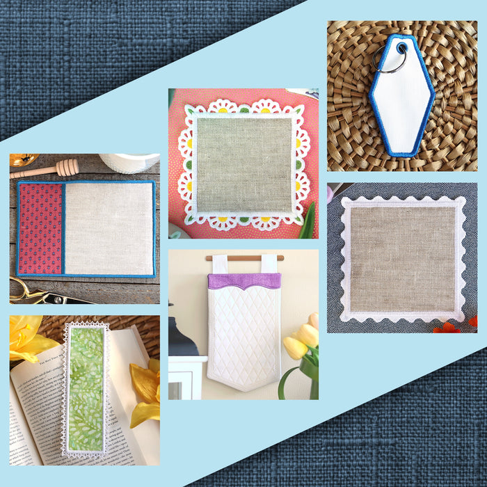A collage of six different in-the-hoop blank embroidery designs shown in various styled settings on a light blue and dark blue textured background.
