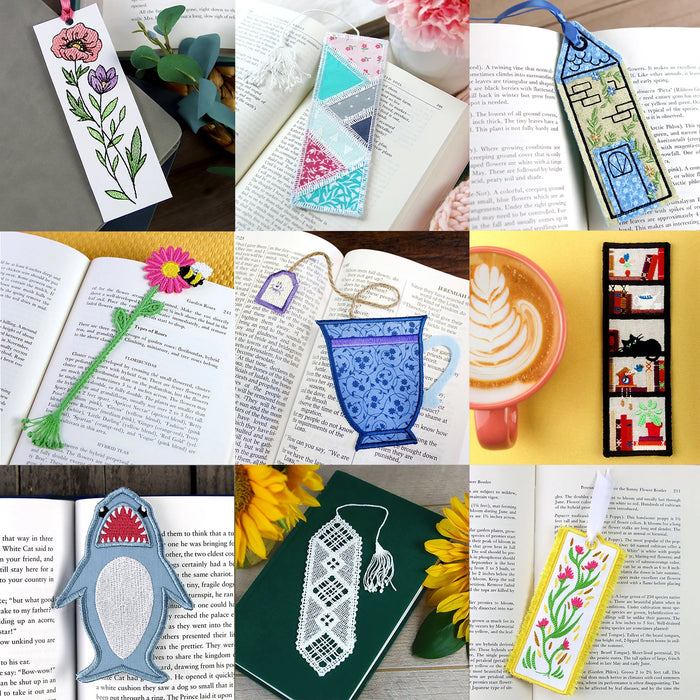 Collage of various machine embroidery bookmarks on open books with a cup of coffee.