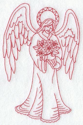 Peaceful Angel with Poinsettias (Redwork)