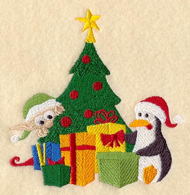 Elf and Penguin Wrapping Gifts