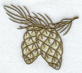 Digitally downloadable machine embroidery design of two pine cones with textured scales and a branch with needle-like leaves.