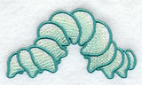 Digitally downloadable machine embroidery design of a segmented caterpillar with teal outlines and light blue fill on white fabric.