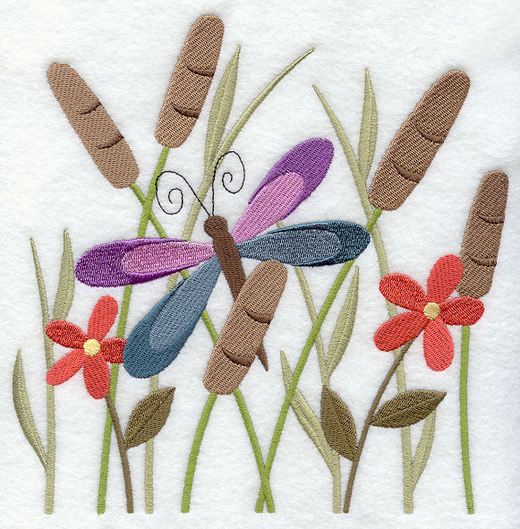 Dragonfly in Flowers and Cattails