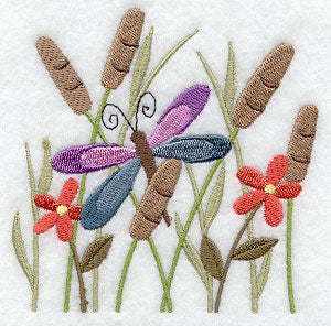 Dragonfly in Flowers and Cattails
