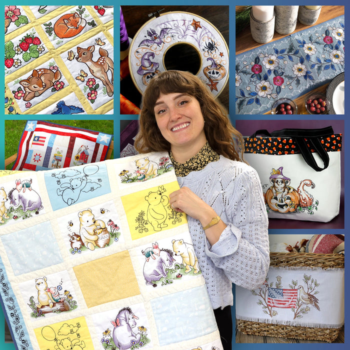 Collage of machine embroidery projects featuring woodland animals, Halloween designs, patriotic motifs, floral embroidery, and a quilt with Winnie the Pooh and friends.