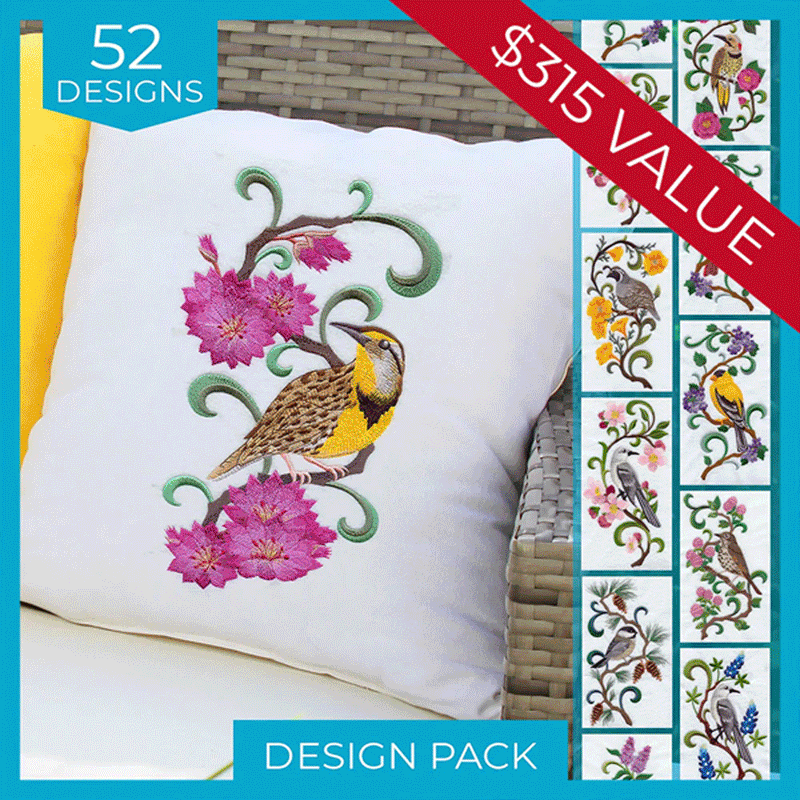 Animated GIF rotating through various promotional images of embroidery design packs, showing the design motifs, value and design count of each.