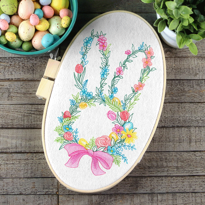 rotating image of spring and easter themed machine embroidery projects