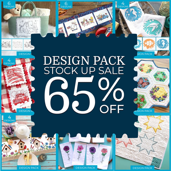 Promotional collage for a design pack sale, with a large dark blue center panel reading “DESIGN PACK STOCK UP SALE 65% OFF” and surrounding photos of finished embroidered, quilted, and printed textile designs.
