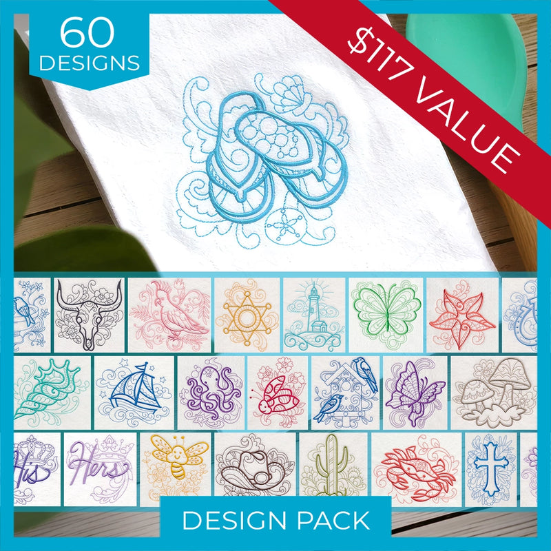 Embroidery design pack with various patterns on a white fabric background