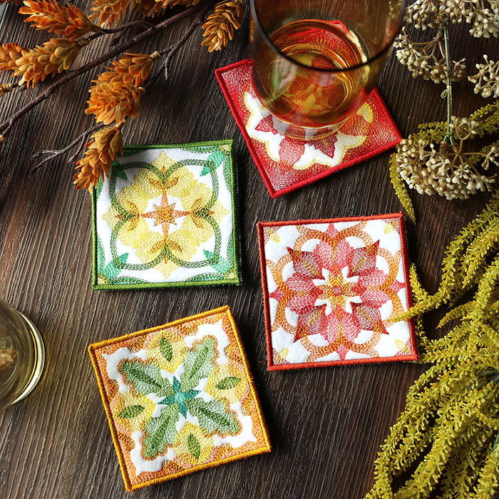 image slideshow of multiple fall themed machine embroidery project including table runners, towels, coasters and place settings.