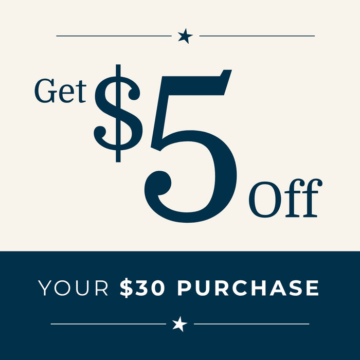 Promotional graphic with text 'Get $5 Off Your $30 Purchase' on a white and blue background