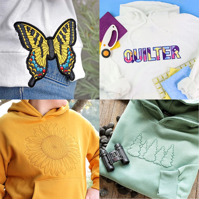 Four embroidered sweatshirt project ideas featuring a colorful butterfly, quilt-inspired lettering, a tonal sunflower, and minimalist evergreen trees.