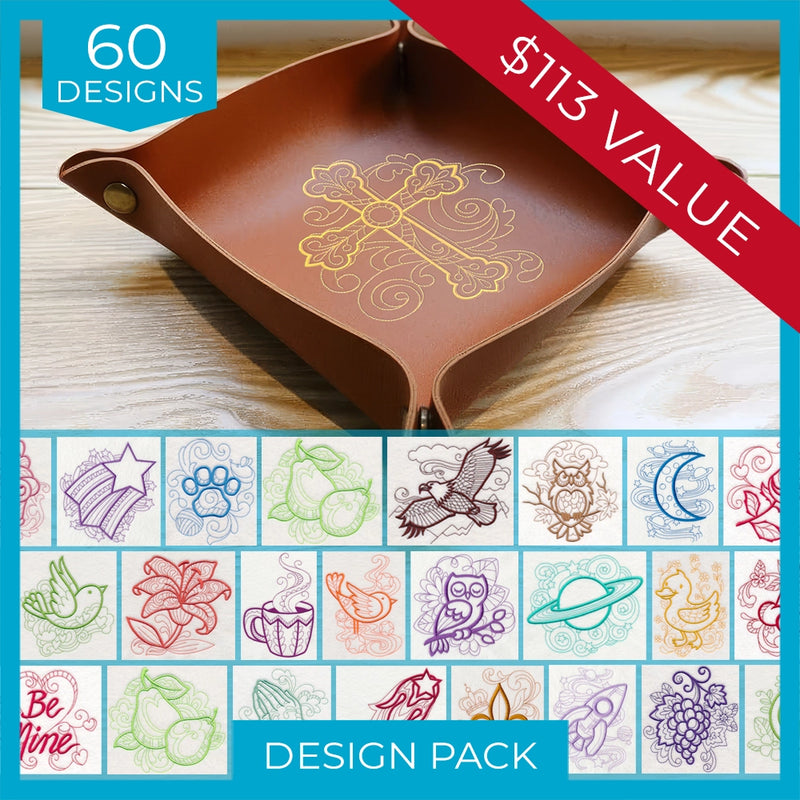 Brown leather tray with machine embroidery design and sample designs displayed below on a wooden surface.