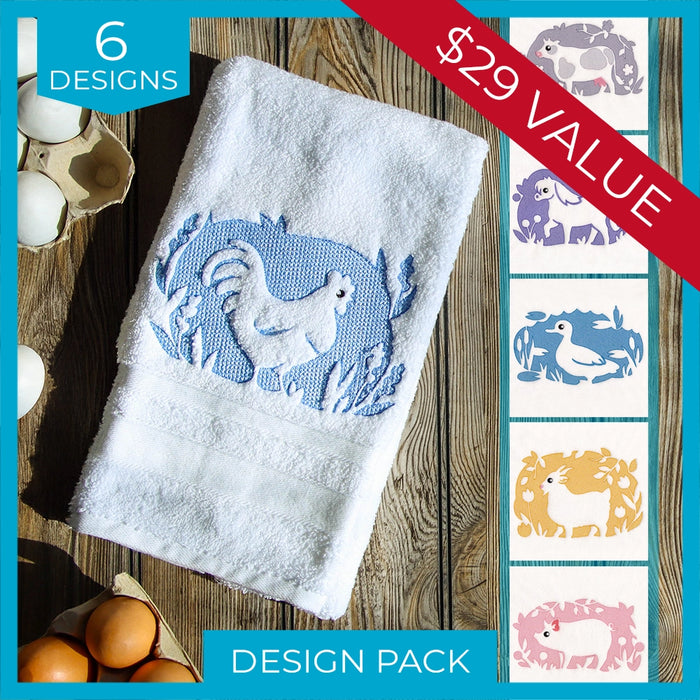 White towel with blue embroidery of a duck, surrounded by eggs on a wooden surface, with design pack illustrations and value banner.