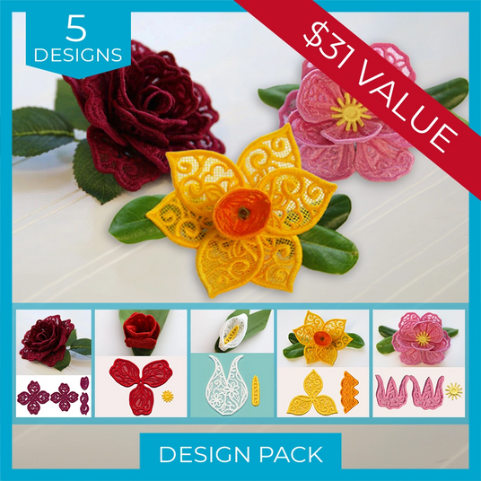 Machine embroidery freestanding lace floral design pack with various flowers on a white background, featuring a red banner with '5 Designs $31 Value'.