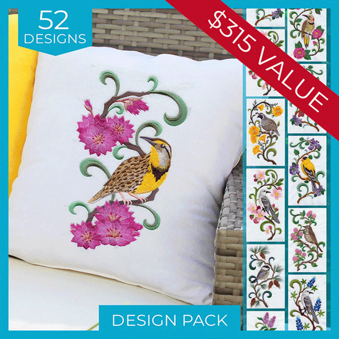 animated gif of various machine embroidered design packs displaying designs, design count, and value.