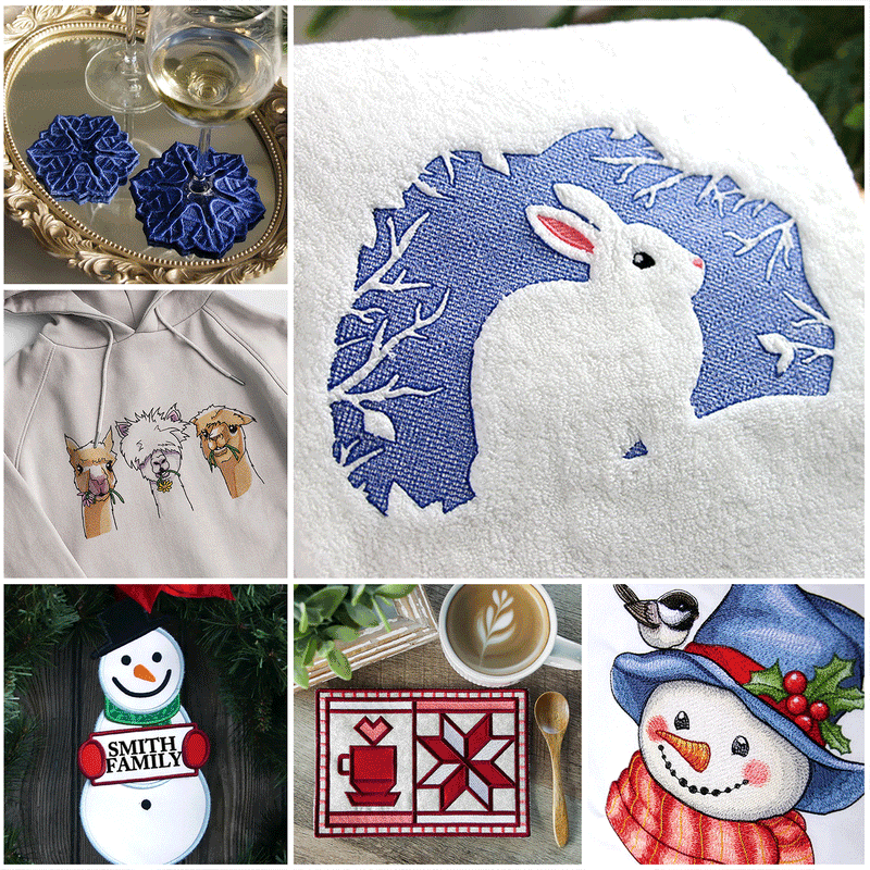 Gif of a variety of machine embroidery designs that are winter themed.