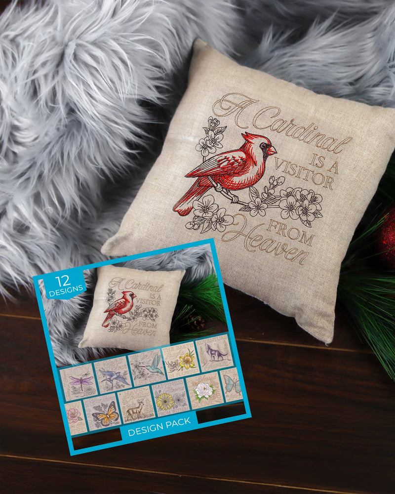 Decorative pillow with machine embroidered cardinal design and matching design pack on a textured surface.