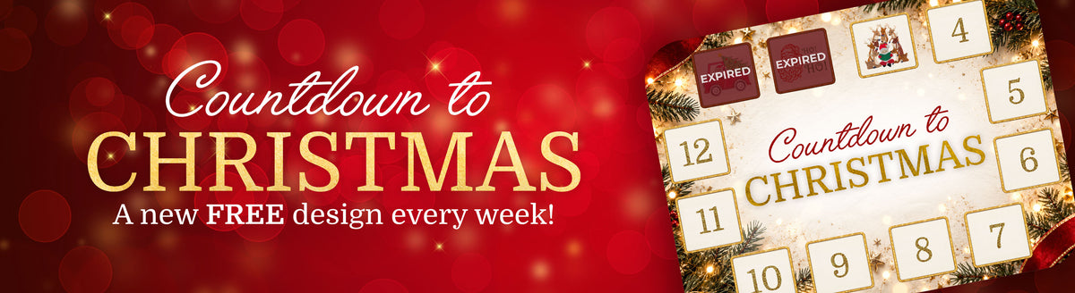 Embroidery Library Countdown to Christmas banner featuring a festive red and gold background and a Christmas countdown calendar with numbered squares. Text reads “A new FREE design every week!”