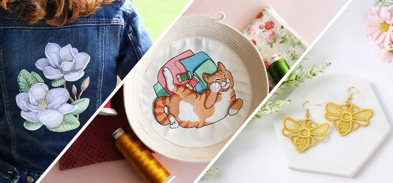 A collection of machine embroidery designs - flowers on jacket, cat on rope bowl, and freestanding bee lace earrings.