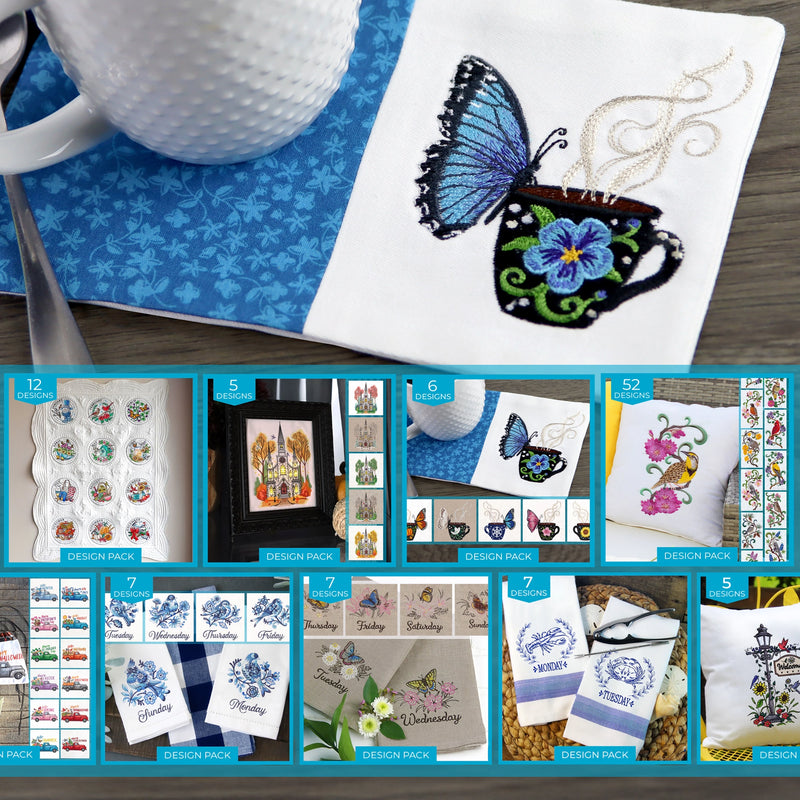 A variety of machine embroidery designs in design packs that represent days and months.