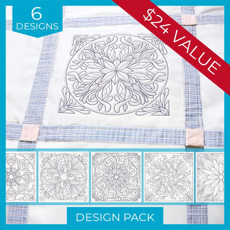 Design pack with floral machine embroidery designs on a white background, featuring a red banner with '$24 Value' text.