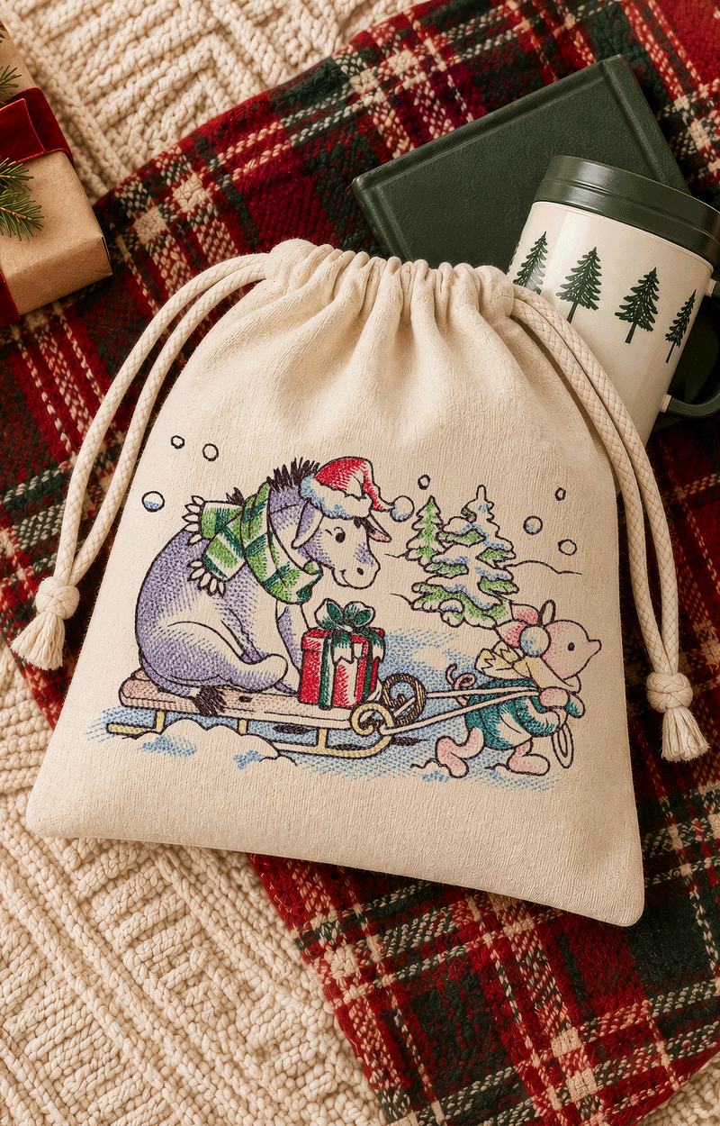 animated gif of different Christmas themed pooh bear and friends machine embroidery projects.  Including a drawstring bag, fuzzy  pillow, kitchen tea towels and Christmas stocking.