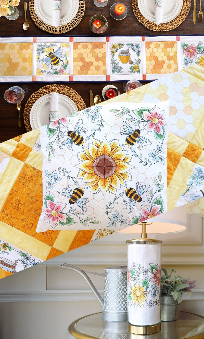 A collage of different ways to use the machine embroidery bee and floral designs - table setting, pillow and home decor.