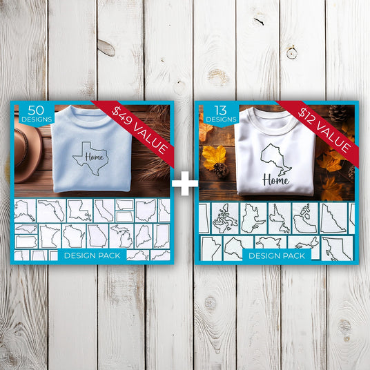 Two machine embroidery state outline design packs displayed side by side, featuring “Home” sweatshirt designs with U.S. and Canadian state and province outlines.