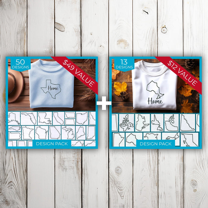 Two machine embroidery state outline design packs displayed side by side, featuring “Home” sweatshirt designs with U.S. and Canadian state and province outlines.