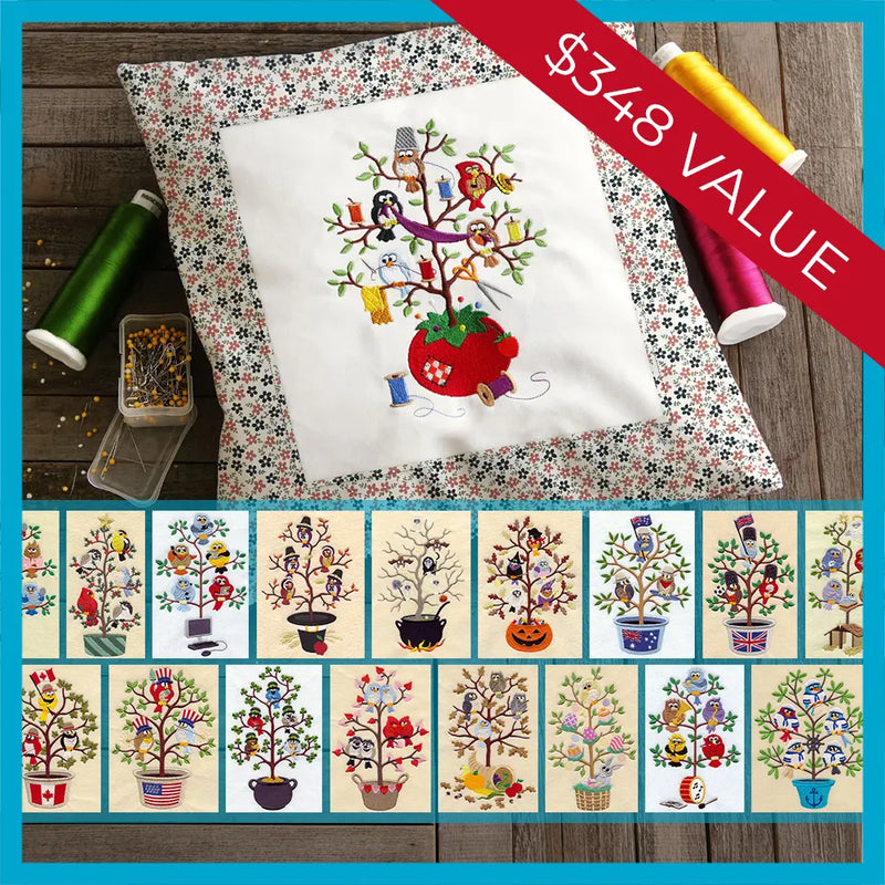 Embroidery design pack featuring various tree and bird designs  - main design is staged on a pillow and a $348 value banner.