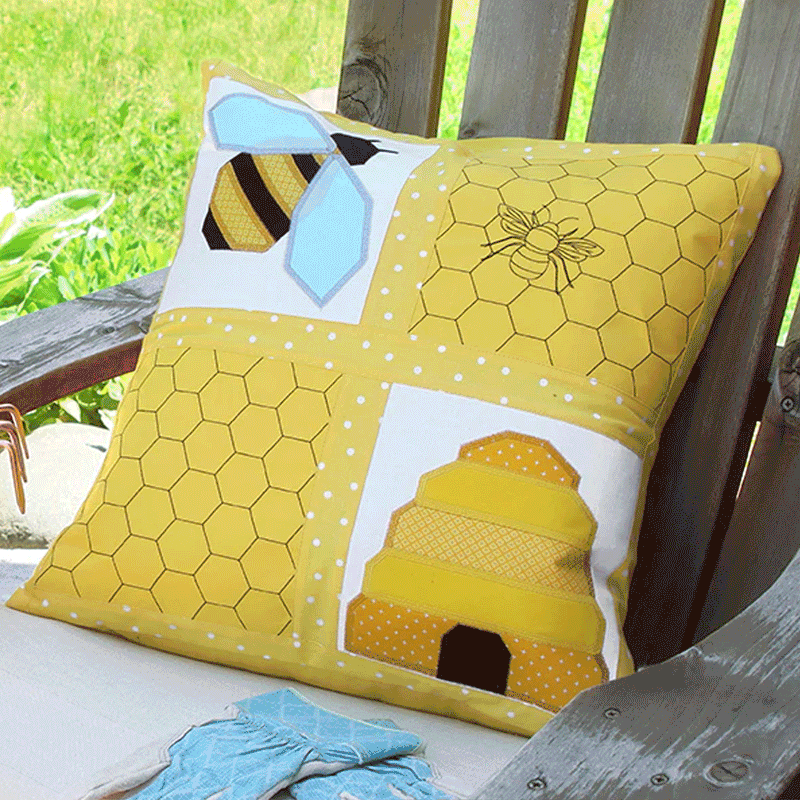 A collage of machine embroidery applique designs including a pillow and trivet