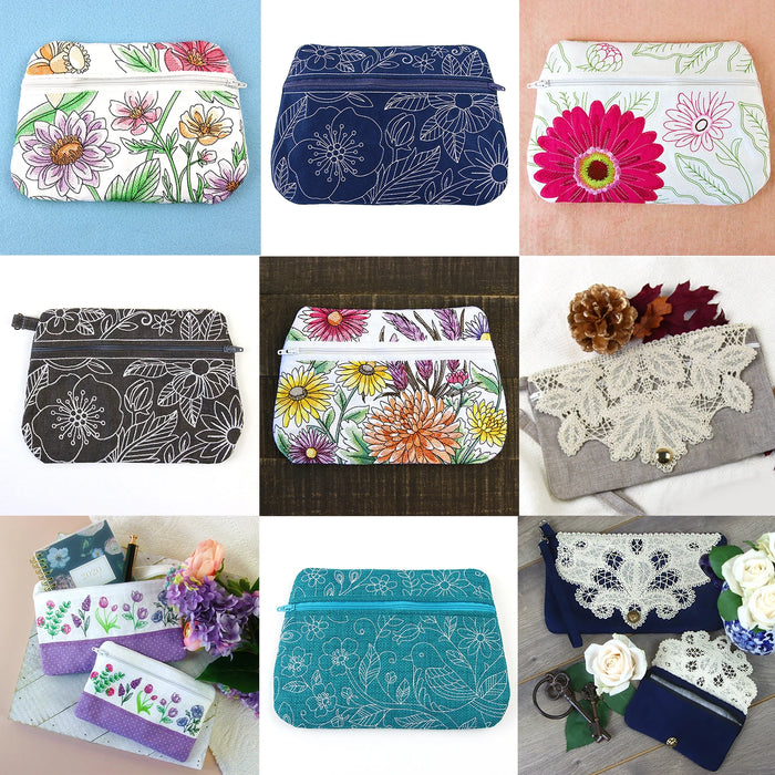 Collage of various machine embroidery in-the-hoop zipper pouches.