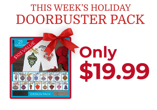 Advertisement for a holiday doorbuster machine embroidery design pack with a red bow and text on a white background - text 'Only $19.99 This week's holiday doorbuster pack'