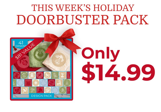Promotional image for an embossed Christmas design pack three designs on towels. With promotional text 'this week's holiday doorbuster pack only $14.99'