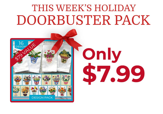 Promotional image of a machine embroidery seasonal flowerpot design pack with text 'This week's holiday doorbuster pack only $7.99'