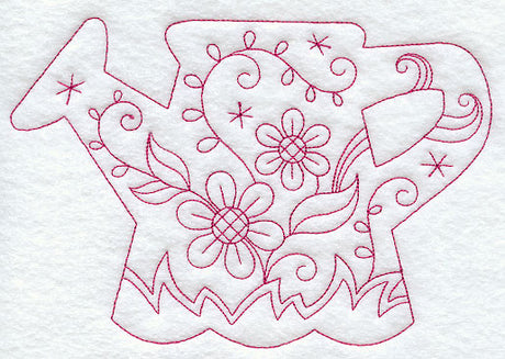 Spring Scene - Watering Can (Redwork)