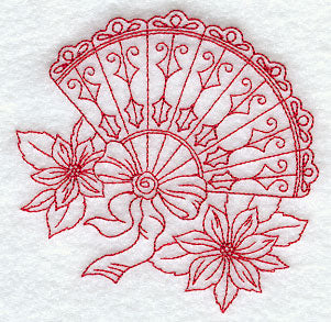 Victorian Fan with Poinsettias (Redwork)