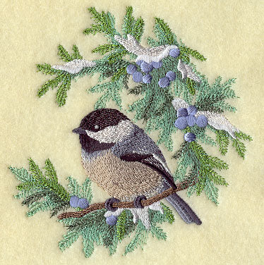 Chickadee in Juniper Boughs and Berries Circle