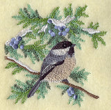 Chickadee in Juniper Boughs and Berries Square