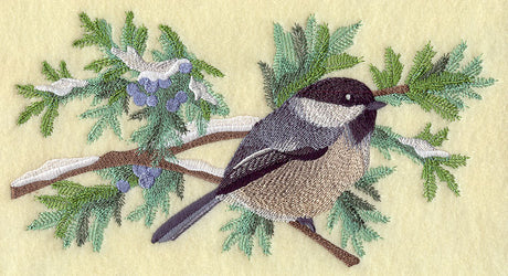 Chickadee in Juniper Boughs and Berries Border