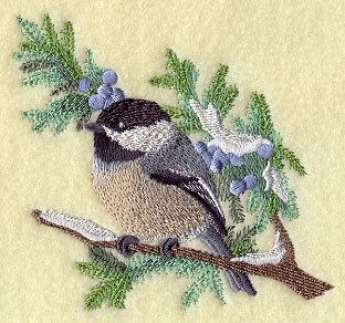 Chickadee in Juniper Boughs and Berries Corner