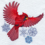 Flying Cardinal with Snowflakes
