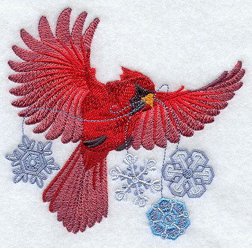 Flying Cardinal with Snowflakes